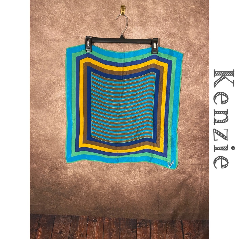 Kenzie~Vintage Silk Scarf~20” x 20” Square~Turquoise, green, brown, navy, yellow